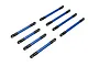 A set of seven blue anodized aluminium suspension linkages with black plastic rod ends for Traxxas RC vehicles.