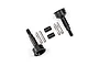 Two black metal Traxxas front stub axles with accompanying pins and spacers on a white background.