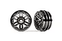 Two black chrome Traxxas 1.0 inch split spoke RC crawler rims shown from front and side angles against a white background.