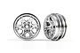 Two satin chrome 1.0 inch 6-spoke RC crawler rims shown from front and side angles against a white background.