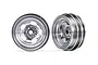 Two satin chrome 6-spoke RC crawler wheels shown from front and angled perspectives against a white background.