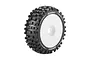 A single Louise 1/8 scale B-ULLDOZE RC buggy tyre mounted on a white plastic wheel with a blocky tread pattern.
