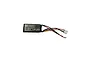A Hobby Plus 7.4V 360mAh LiPo battery with a black soft case and two white connectors on wires.