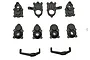 A set of black plastic RC portal hub components and steering knuckles arranged on a white background.