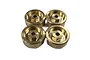 Four brass wheel hex adapters for RC cars arranged in a square formation on a white background.