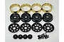 A set of four Hobby Plus 1.2 inch beadlock rims in black, including brass inner rings, wheel faces, hubs, and assembly screws on a white background.
