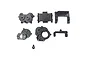 A set of black plastic RC gearbox and chassis components from Hobby Plus, arranged on a white background.