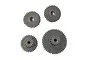 A set of four grey metal transmission gears of varying sizes for an RC vehicle.