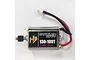 A Hobby Plus 130-sized 100T brushed crawler motor with a pre-installed pinion gear and a two-pin connector on red and black wires.