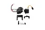 Hobby Plus RC transmission gear set including a motor, gearbox, servo, mounting brackets, and small hardware components on a white background.