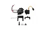 Hobby Plus transmission gear set including a motor, gearbox, servo, mounting brackets, screws, and linkage components on a white background.