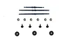A set of Hobby Plus RC metal axle shafts, small gears, and spacers arranged on a white background.