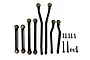 A set of black aluminium high clearance suspension links for an RC crawler, including various lengths, screws, and ball joints on a white background.