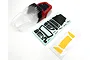 Hobby Plus 1/18 scale RC crawler body shell with red and black paint, accompanied by a decal sheet and yellow masking tape on a white background.