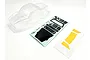 A clear, unpainted 1/18 scale RC crawler body shell with a decal sheet and window masking stickers on a white background.