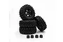 Four Hobby Plus 1.2 inch Mudder-XL RC crawler tyres pre-glued to black five-spoke rims, stacked with four matching black wheel nuts in front.