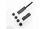 Hobby Plus RC spare parts set including two black plastic skid plates and four black plastic wheel hex adapters on a white background.