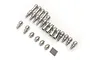 A collection of various metal pivot balls, threaded studs, and small pins for RC car suspension, arranged on a white background.