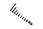 A collection of various black metal screws and two nuts arranged in a diagonal line on a white background.
