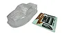 A clear, unpainted 1/18 scale RC truck body shell alongside a sheet of decals on a white background.
