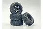 A stack of three Hobby Plus 1.2 inch Mudder RC crawler wheels with aggressive tread patterns and black five-spoke rims against a plain white background.