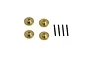 Four brass wheel hex extenders and four black metal pins arranged on a white background.