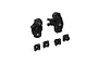 Two black plastic ARRMA front steering hubs and four smaller associated plastic inserts arranged on a white background.