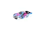ARRMA 1/8 Kraton pre-painted RC truck body shell in a blue, pink, and white geometric pattern against a white background.
