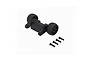 ARRMA black plastic wheelie bar assembly with two wheels and four mounting screws on a white background.