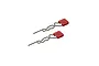 Two ARRMA RC body clips with red plastic pull tabs and bent metal wire pins, shown against a plain white background.