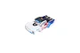 ARRMA 1/18 Mojave Grom pre-painted body shell in white, blue, and black with sponsor decals.