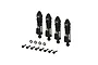 A set of four black ARRMA aluminium shock absorbers with coil springs, mounting hardware, and washers on a white background.