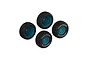 Four ARRMA dBoots Fortress RC car wheels with blue rims and black off-road tires arranged on a white background.