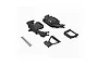 ARRMA 1/18 scale clipless body mount set including two main mounts, two support brackets, and seven small black screws on a white background.