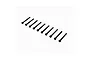 A set of ten black metal cap head screws arranged in a diagonal line against a white background.