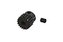 A black 19-tooth pinion gear with a set screw, shown against a plain white background.