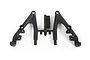 A pair of black plastic Axial rear chassis risers still attached to their molding sprue, viewed from above against a white background.