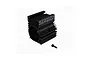 Black ARRMA V2 motor heatsink with cooling fins and a single mounting screw on a white background.