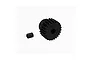 A black 24T pinion gear and a small grub screw isolated on a white background.