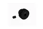 A black 25T pinion gear and a small grub screw isolated against a white background.