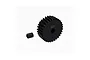 A black 30T pinion gear and a small grub screw isolated on a white background.