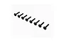 Eight black flanged button head screws arranged in a diagonal line against a white background.