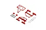 A red ARRMA desert truck roll cage set including plastic cage components, mounting blocks, screws, and metal body clips on a white background.