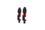 A pair of ARRMA RC shock absorbers with red bodies and black plastic caps and lower mounts against a white background.
