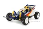A studio shot of the Tamiya The Bigwig 2017 1/10 scale 4WD RC buggy, featuring a blue, white, and yellow body with number 5 decals.