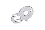 A silver GPM Racing aluminium motor plate for RC cars, featuring multiple mounting holes and slots, isolated on a white background.