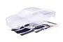 A clear, unpainted Traxxas Ford Raptor R RC truck body shell with a decal sheet included on a white background.