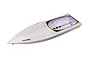 A white Traxxas Spartan RC boat hull shown from a high angle against a plain white background.
