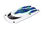 A white Traxxas Spartan RC boat hatch with green and blue graphic decals and a black windshield area.