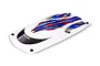 White Traxxas Spartan SR boat hatch with blue, orange, and black graphic decals and a black windshield area.